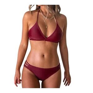 Cupshe Maroon Strappy Halter Bikini Set Medium Swimwear AB51062R New